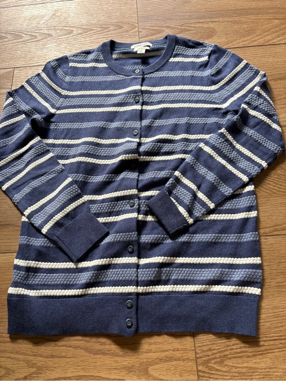 LL Bean Supima Cotton Blue Stripe Textured Cardigan Sweater - Size Medium